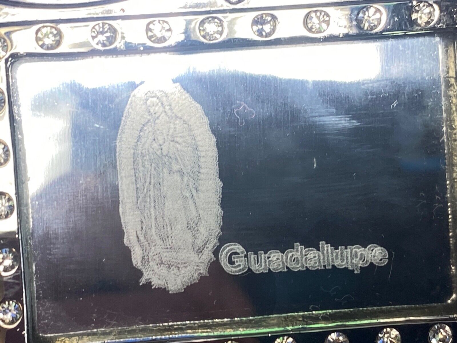 unique Mirrored Guadalupe with rhinestones silver color Hologram belt buckle