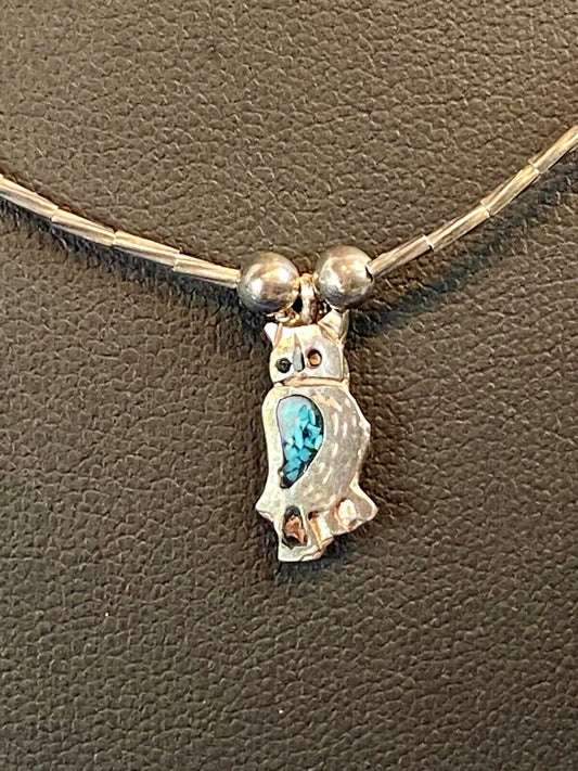 Adorable Owl Inlaid Faux? Turquoise Wings Pendant On Silver Color Necklace 