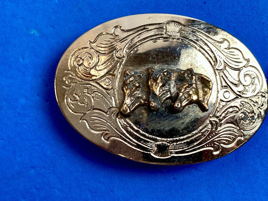 Vintage - There horse heads  bust western engraved belt buckle 