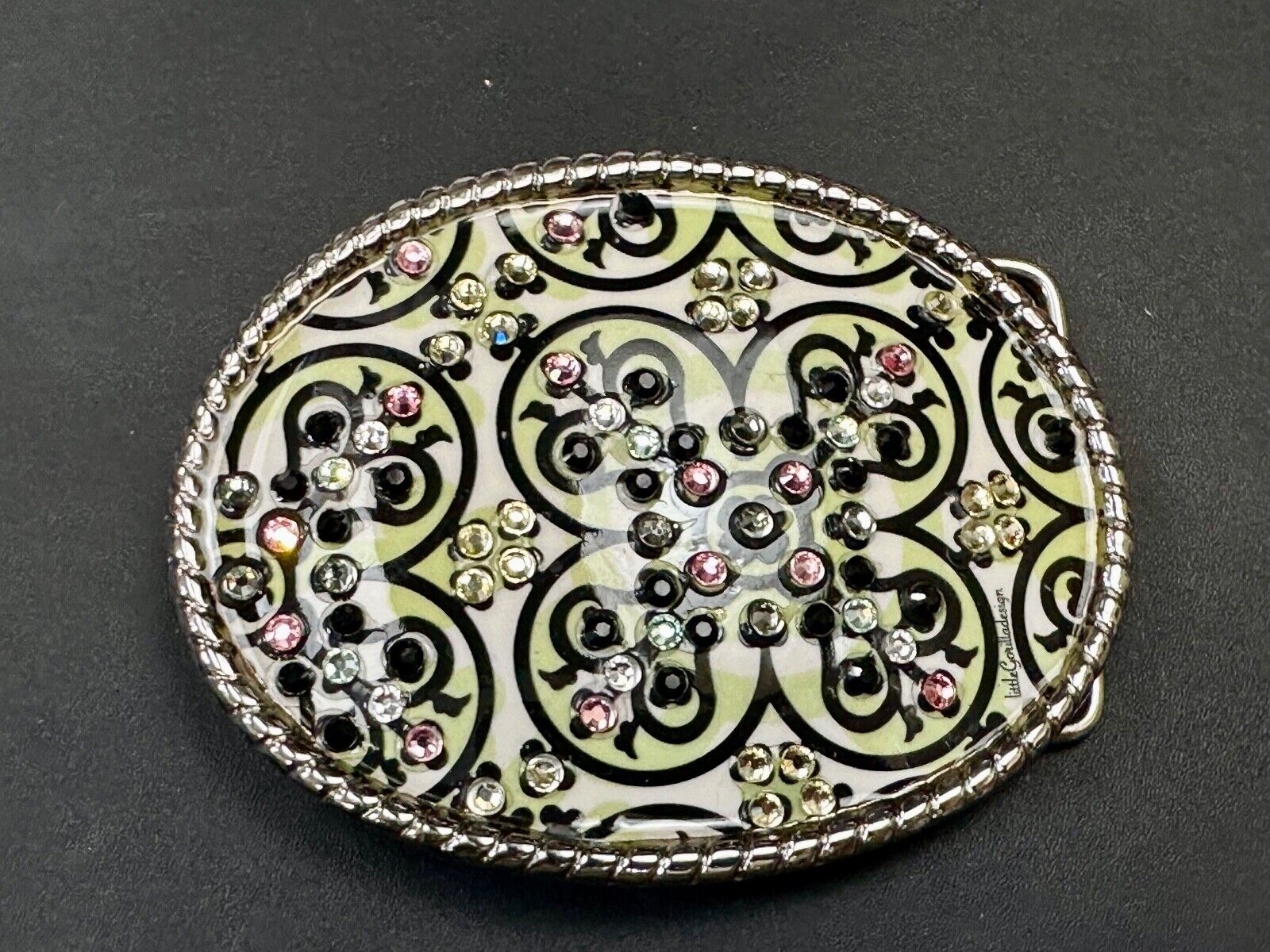 Artisan western oval girlie pink & green rhinestone accented belt buckle