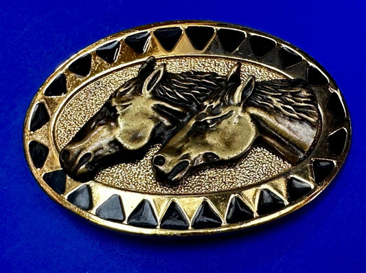 Two Running Horse Heads Vintage Mexico Belt Buckle - See Duck Makers Mark