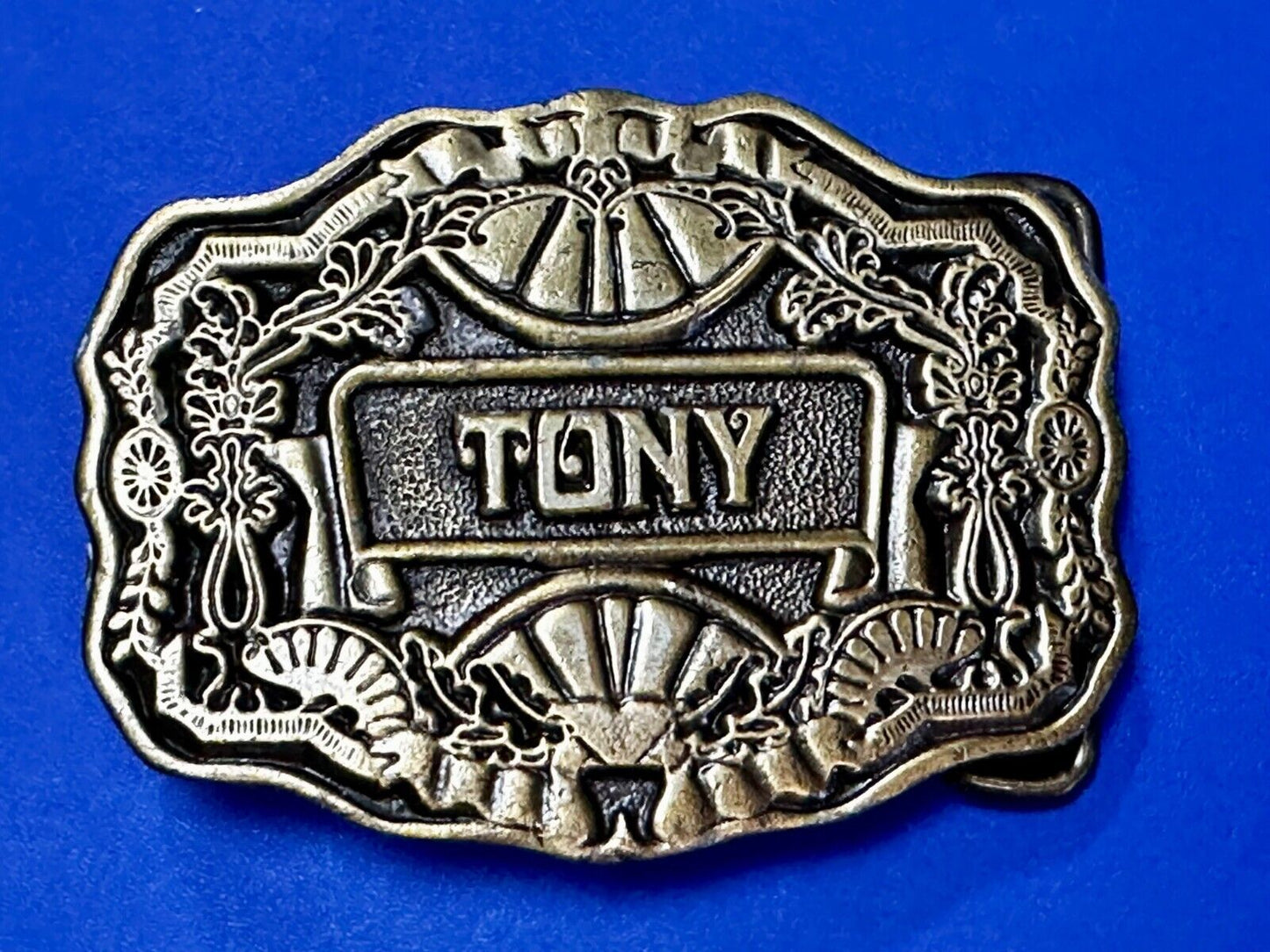 Tony Custom Name Western Framed  Flower Swirl Belt Buckle by ODEN Inc.