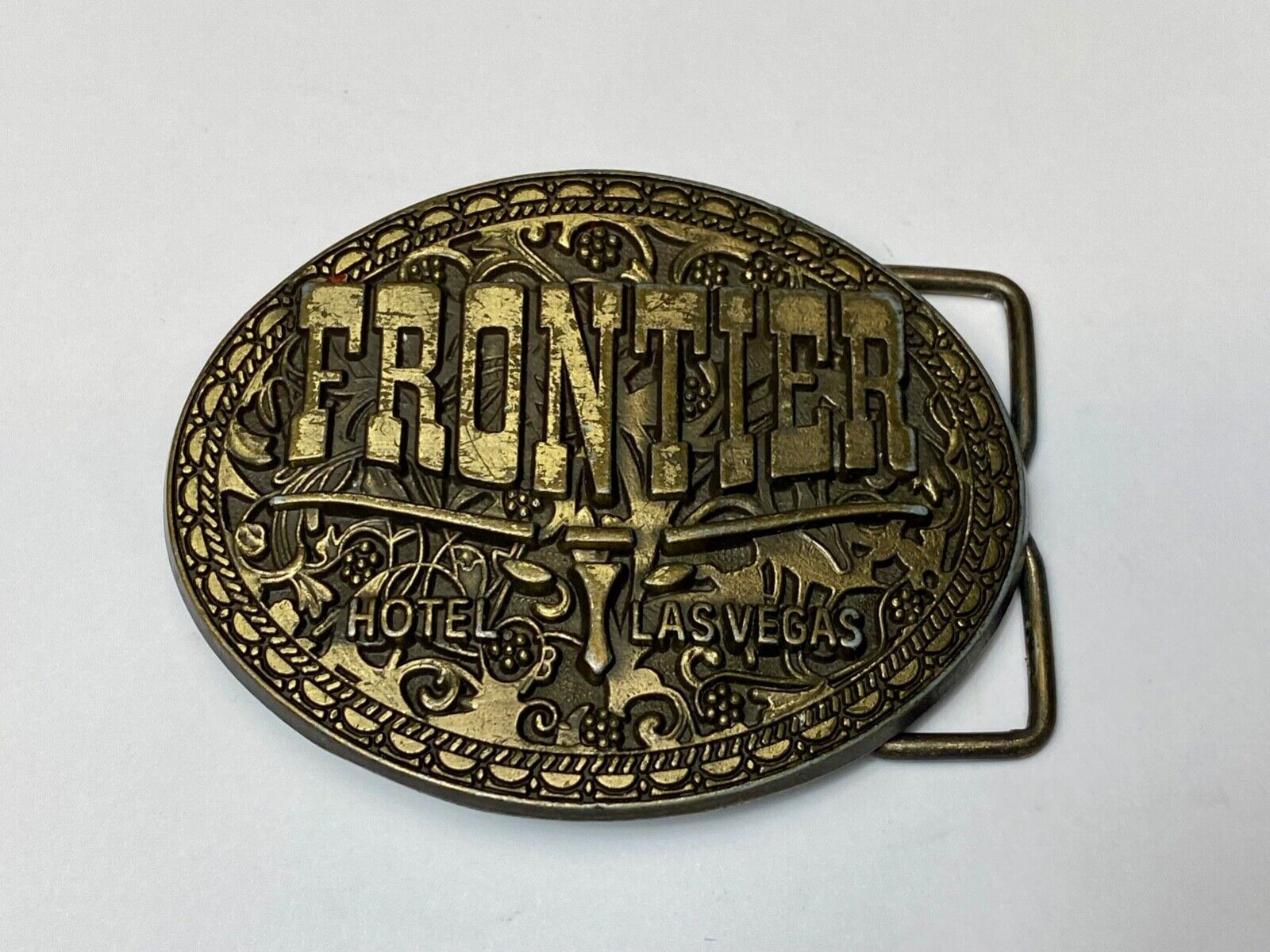 Vintage  Frontier Hotel Old Las Vegas Belt Buckle Casino Nevada Western Longhorn