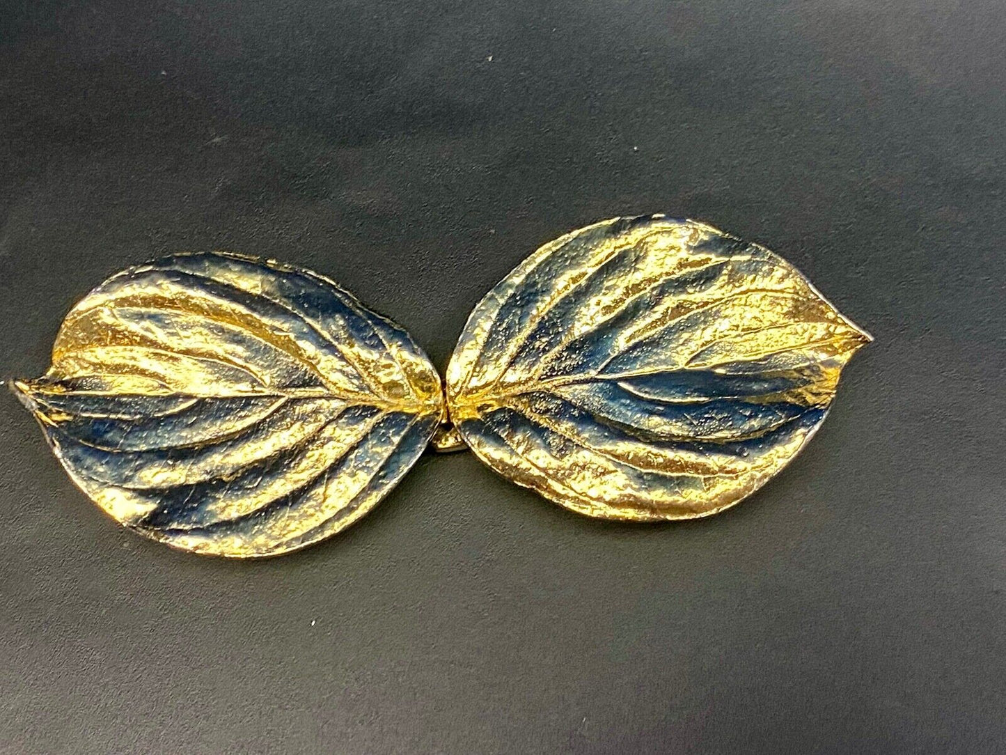 Vintage gold tone two piece interlocking 5" wide leaf belt buckle w/ makers mark