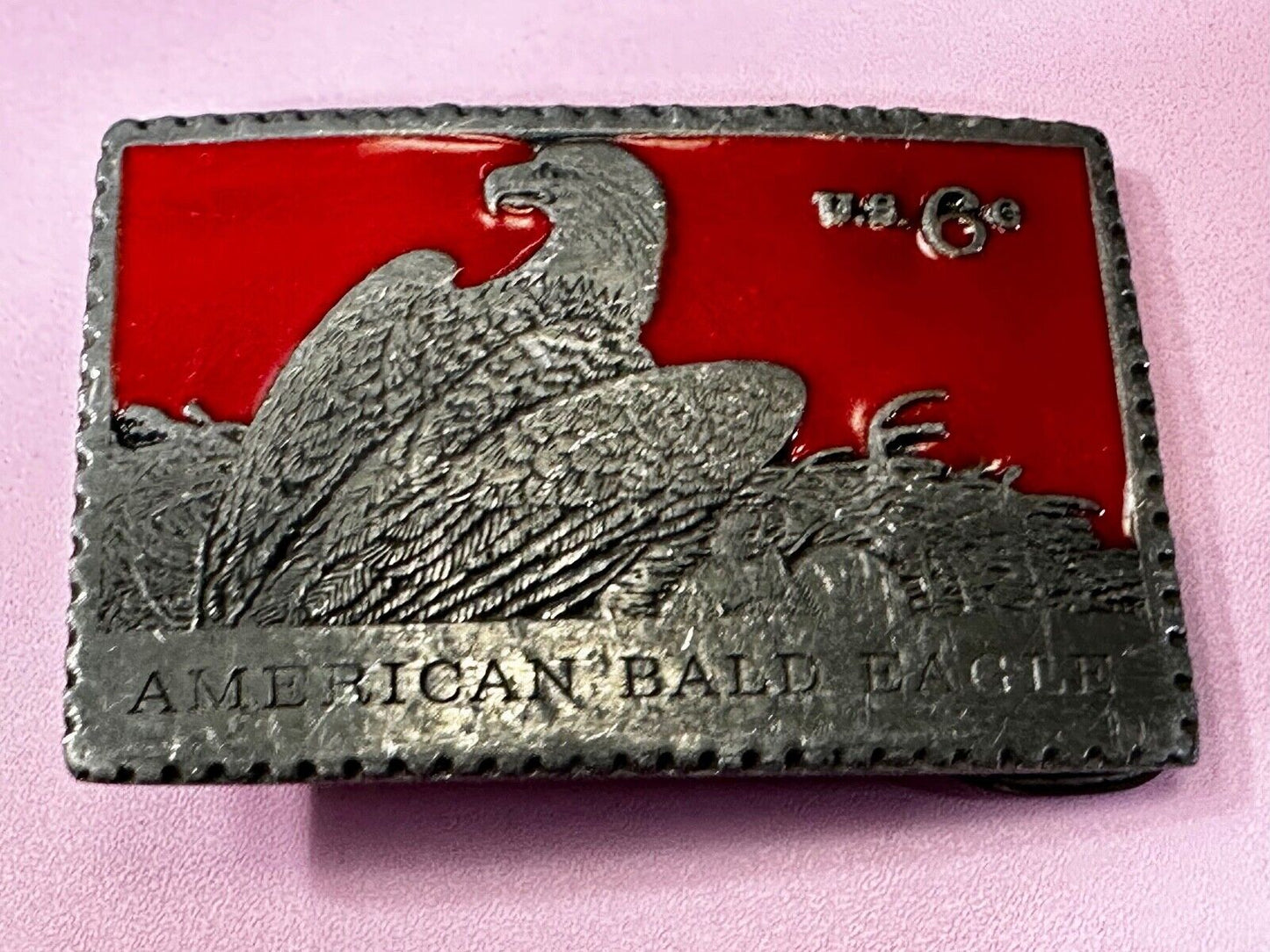 American Bald Eagle Postal Stamp Collectors Silver Red Color Belt Buckle