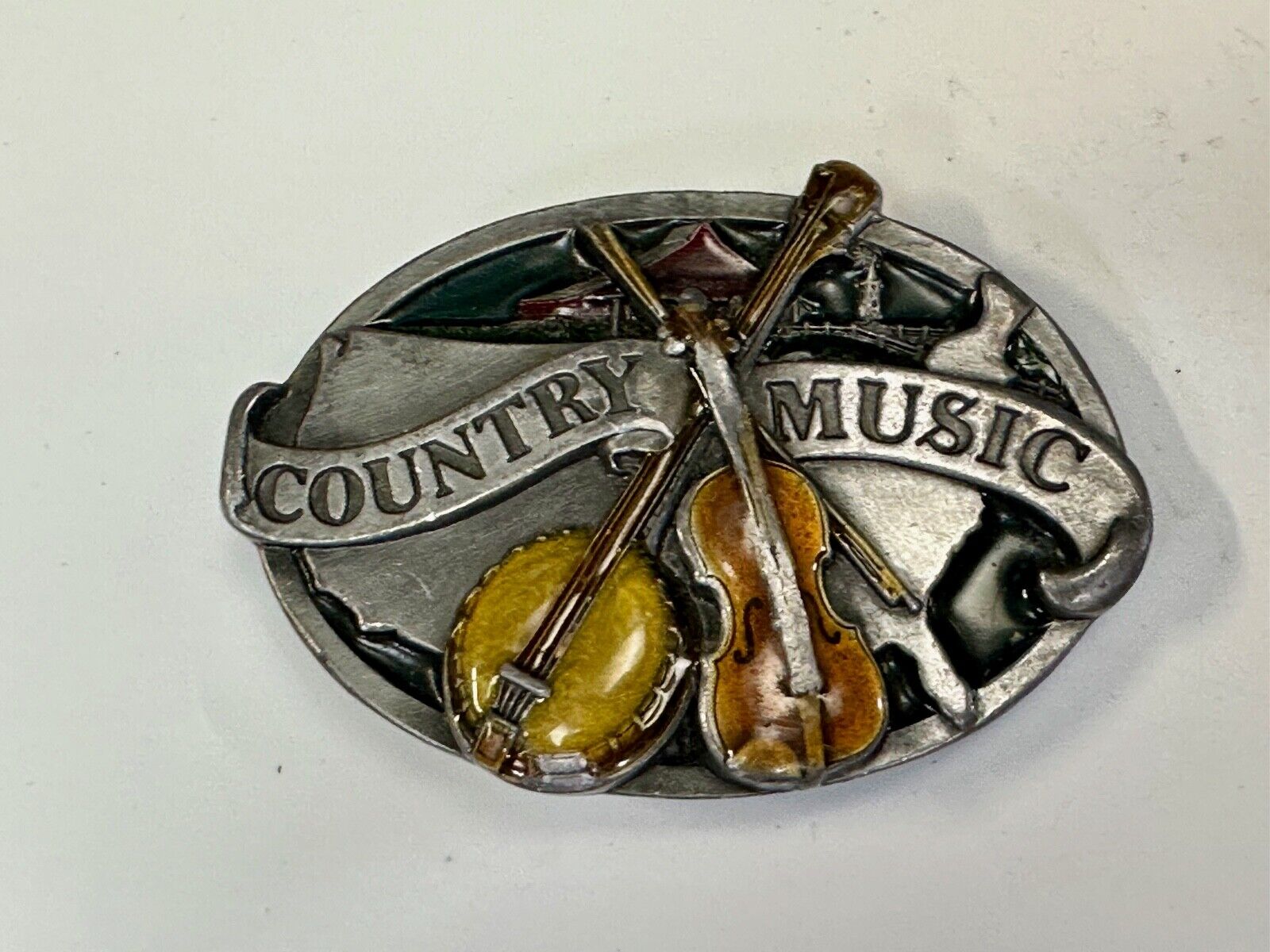 Vintage Enameled Country Music Guitar Fiddle -  Bergamot Brass works Belt Buckle