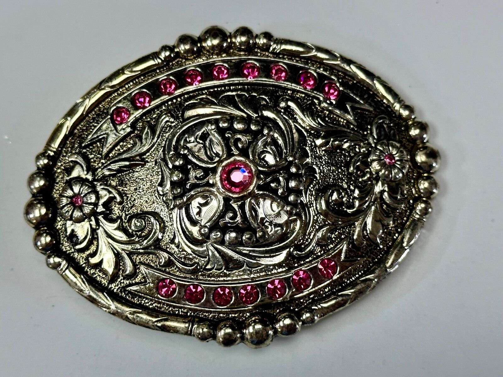 Authentic Silver plated pewter belt buckle with cowgirls girly pink rhinestones!