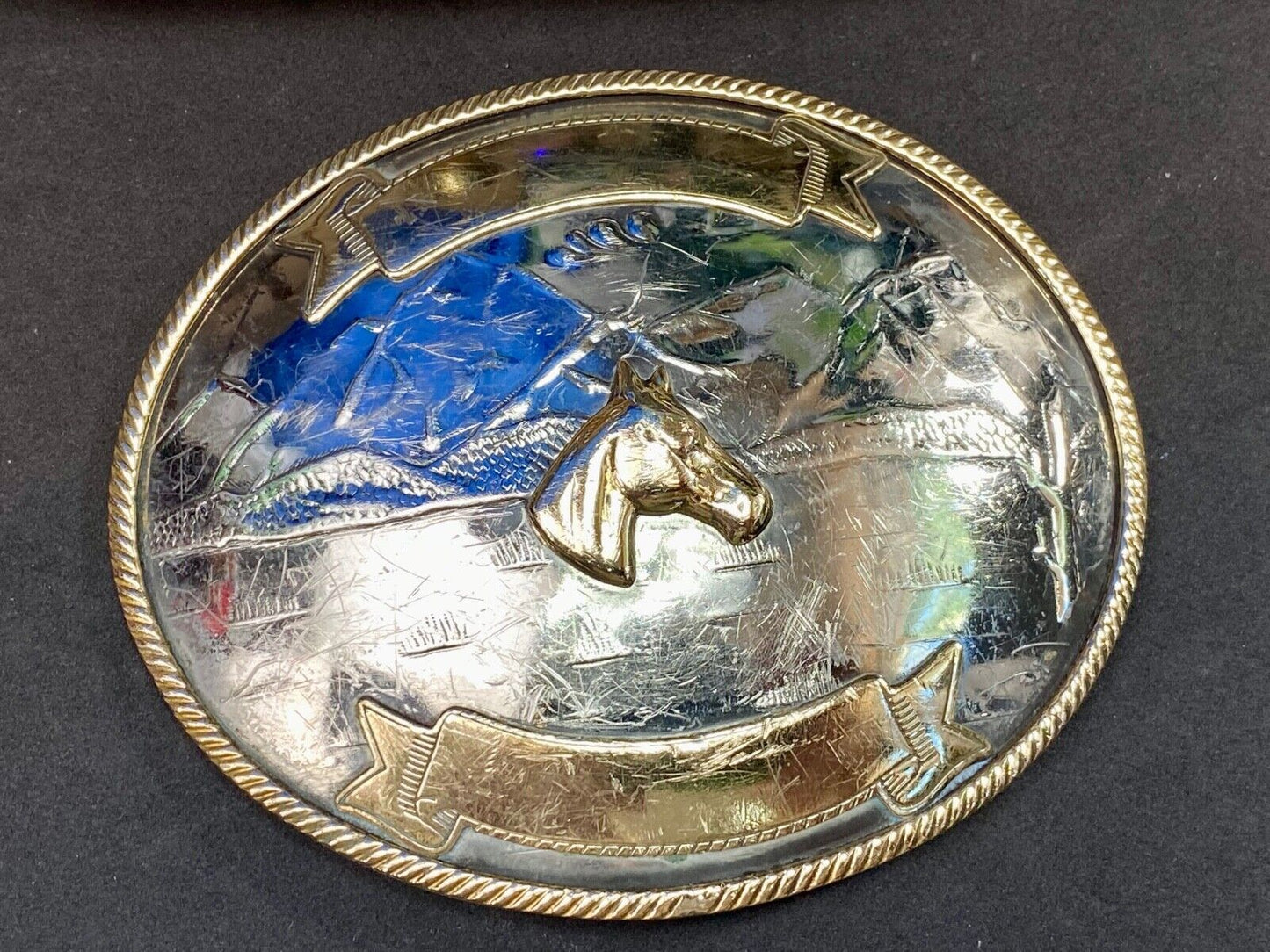  Vintage Horse Head Bust German Silver Art Western Award Scroll Belt Buckle 