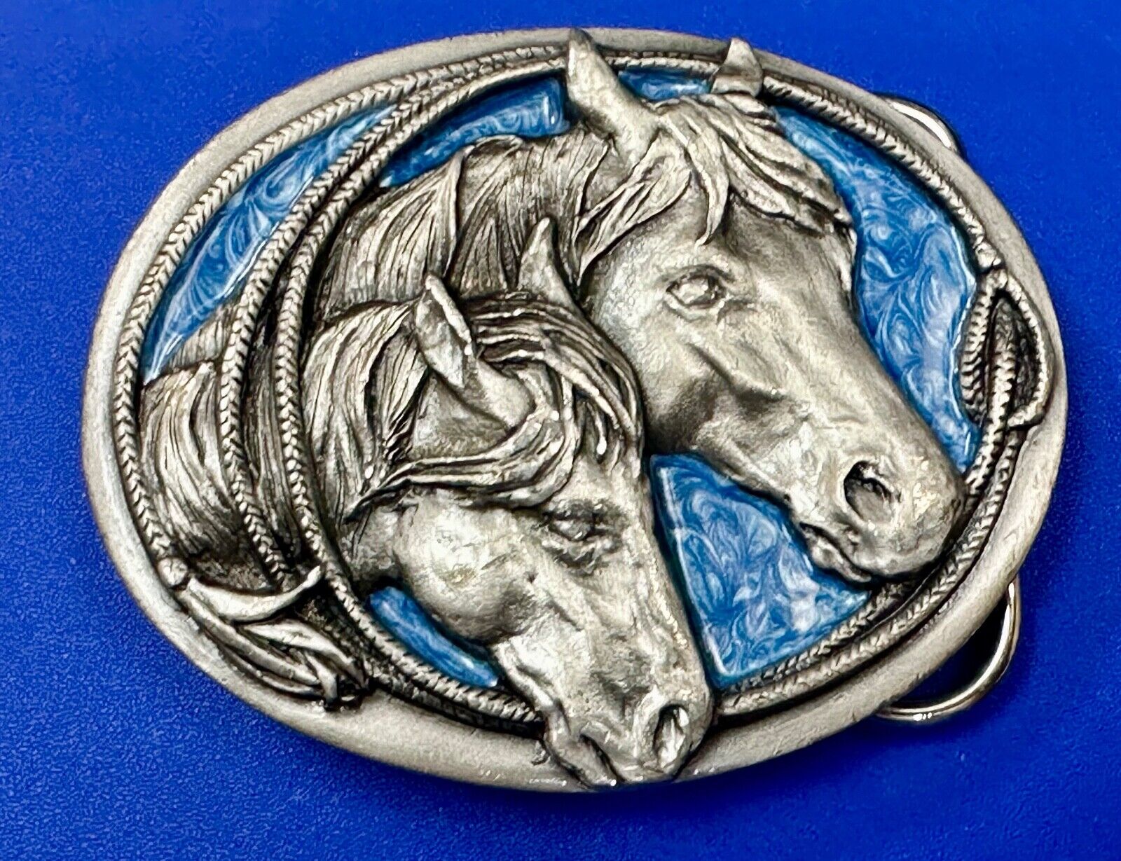 Two Horses - Vintage U-10 Siskiyou Blue Enamel Belt Buckle