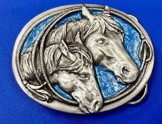 Two Horses - Vintage U-10 Siskiyou Blue Enamel Belt Buckle
