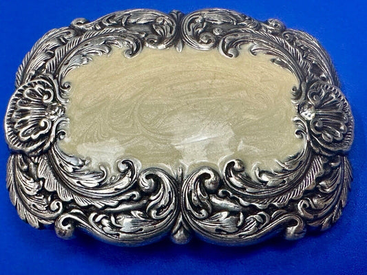 Beautiful Vintage Cream color Enamel colored center silver tone belt buckle
