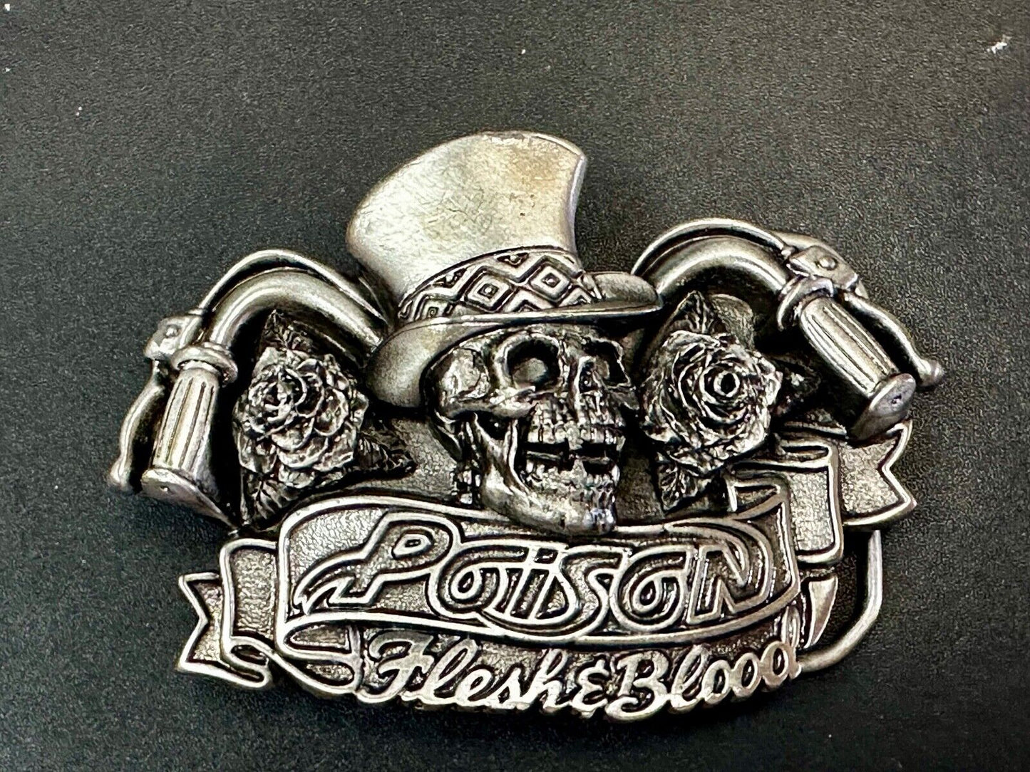80's Poison Rock Band Skull in Top hat Rose Flesh & Blood Album 1992 Belt Buckle