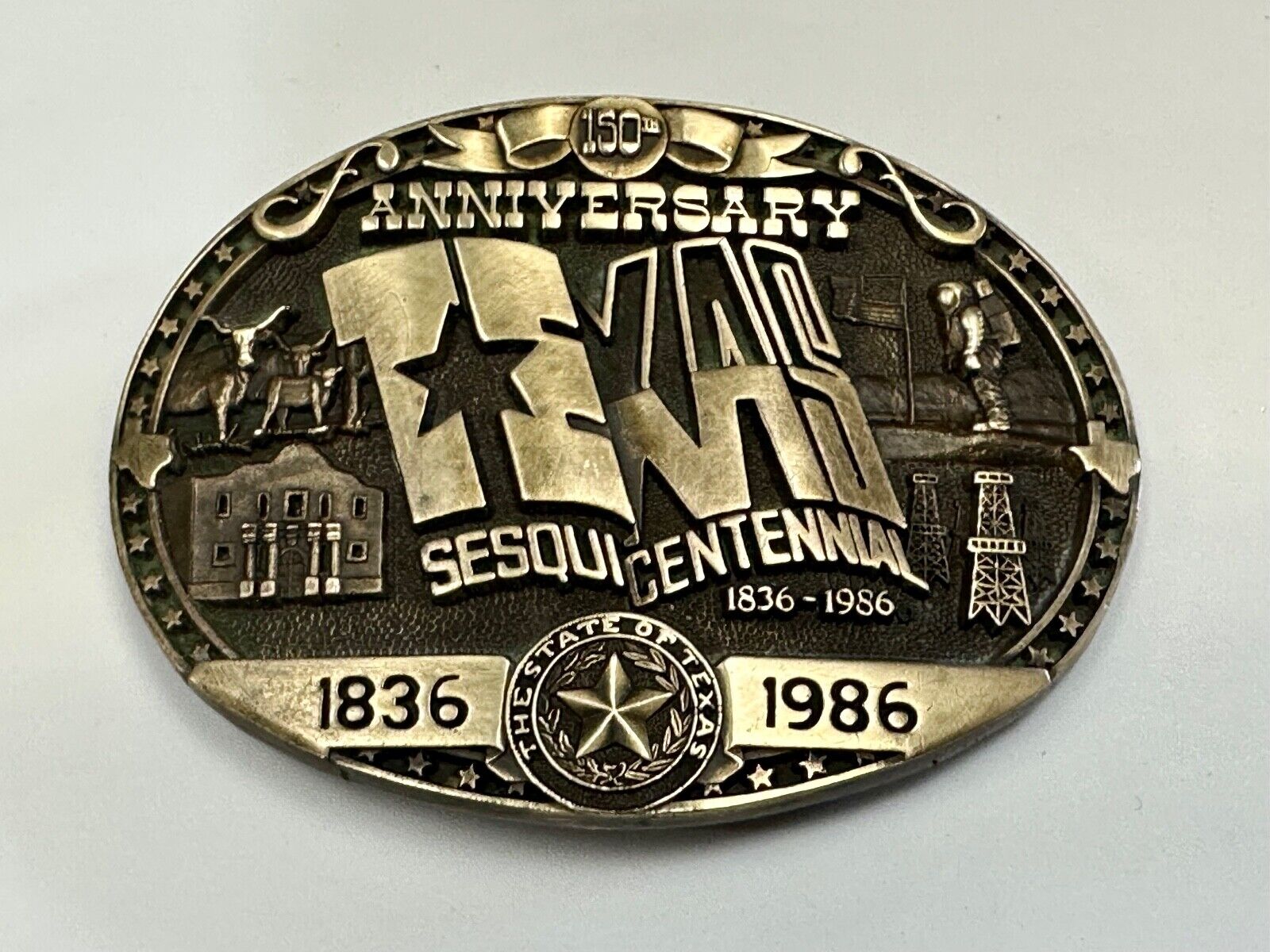 Texas Sesquicentennial 150 year celebration solid brass ADM belt buckle