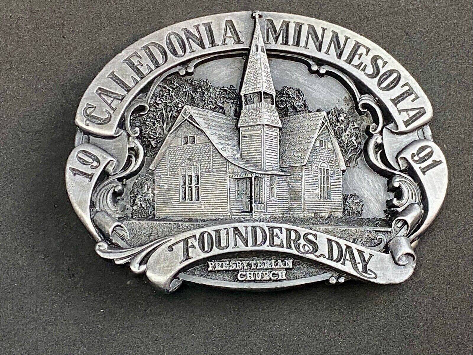Vintage 1991 - Founder’s Days Caledonia MN belt buckle - presbyterian church 
