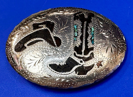 Turquoise & Coral Inlay Western Cowboy Hat Boots Large Native? Art Belt Buckle