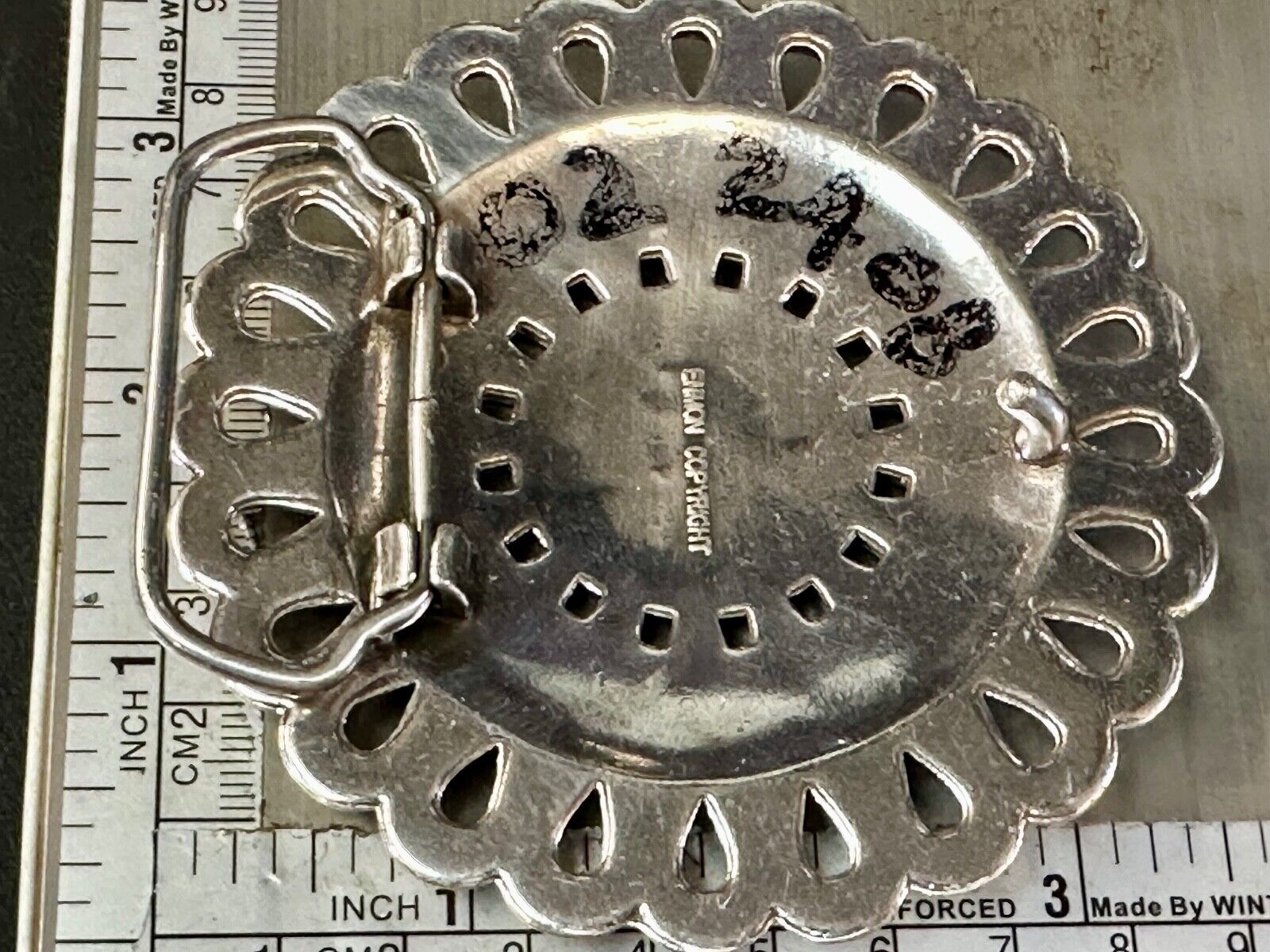 Vintage Flower shaped silver tone red rhinestone accented belt buckle
