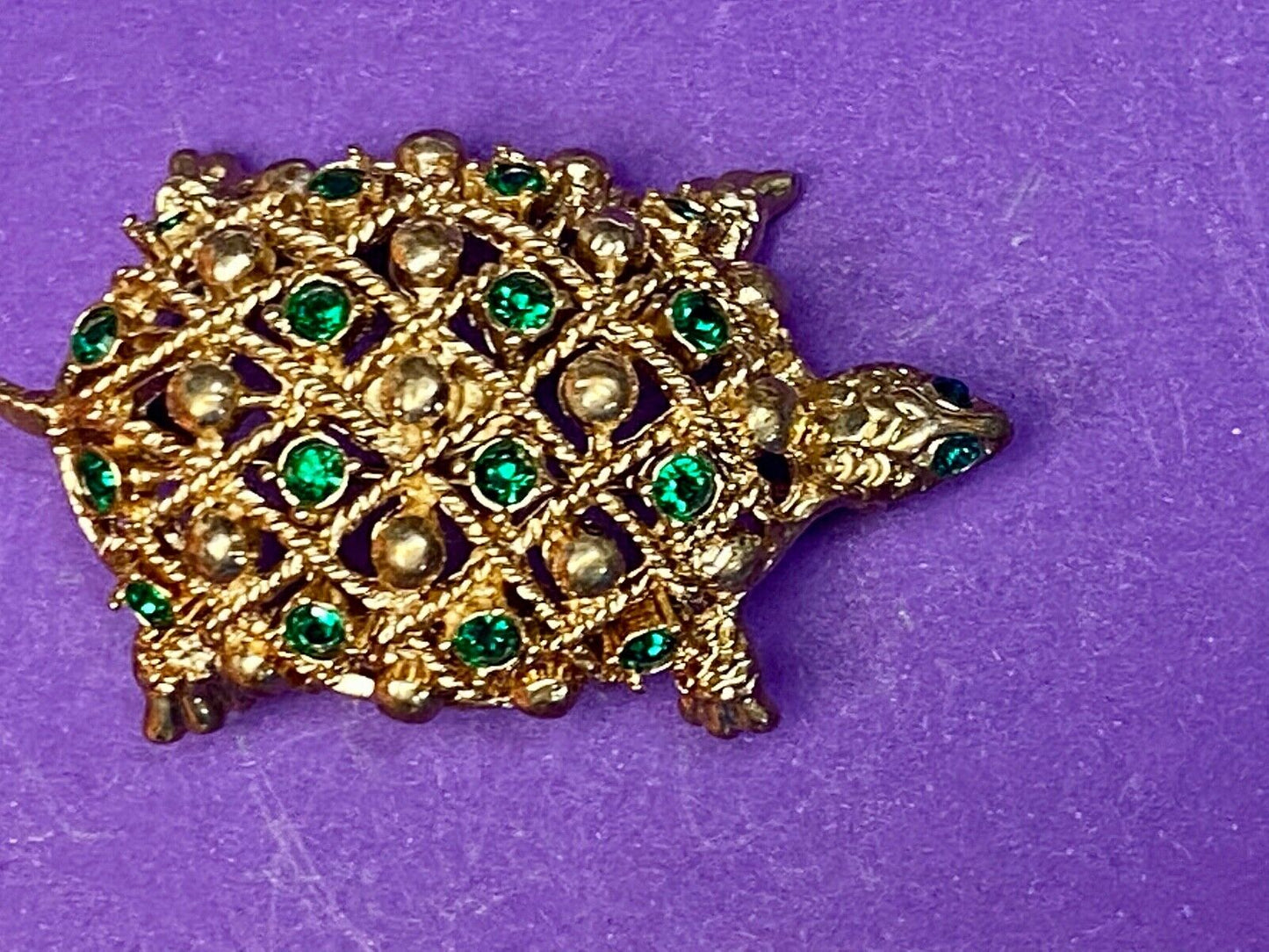 Turtle - Vintage Green Rhinestone Accented Gold Tone Brooch Pin by Allison Reed