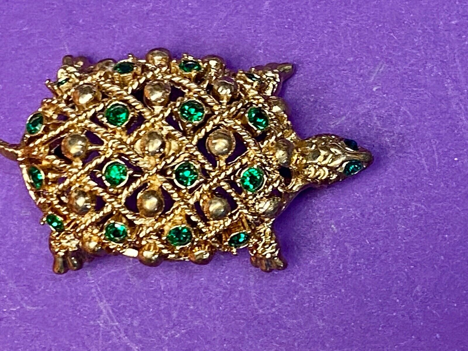 Turtle - Vintage Green Rhinestone Accented Gold Tone Brooch Pin by Allison Reed