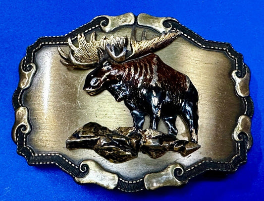 3D Moose Enameled Brown Colored Gold Tone Vintage 1978 Belt Buckle by Raintree
