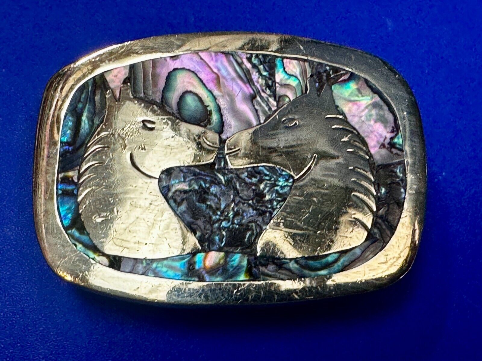 Two Horses Vintage Inlaid Alabone Shell Small Mexico Stamped Belt Buckle