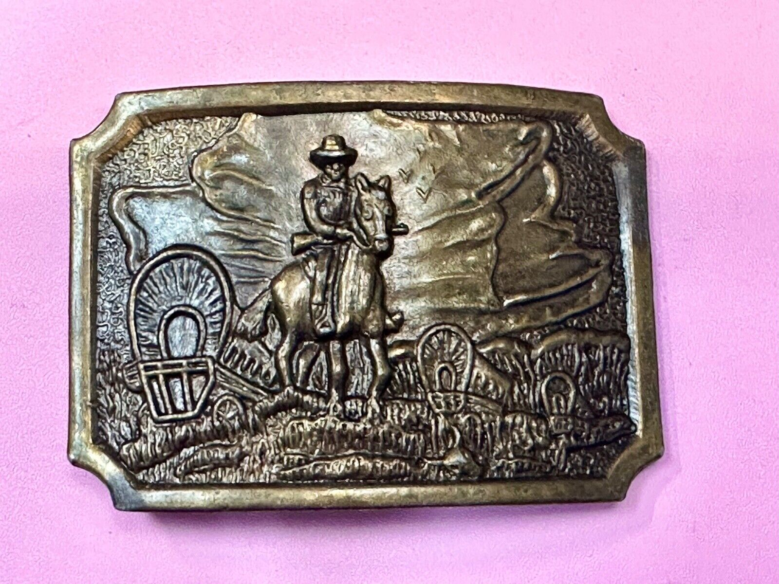 Tall In The Saddle Western Cowboy Horse Covered Wagon Belt Buckle New Condition