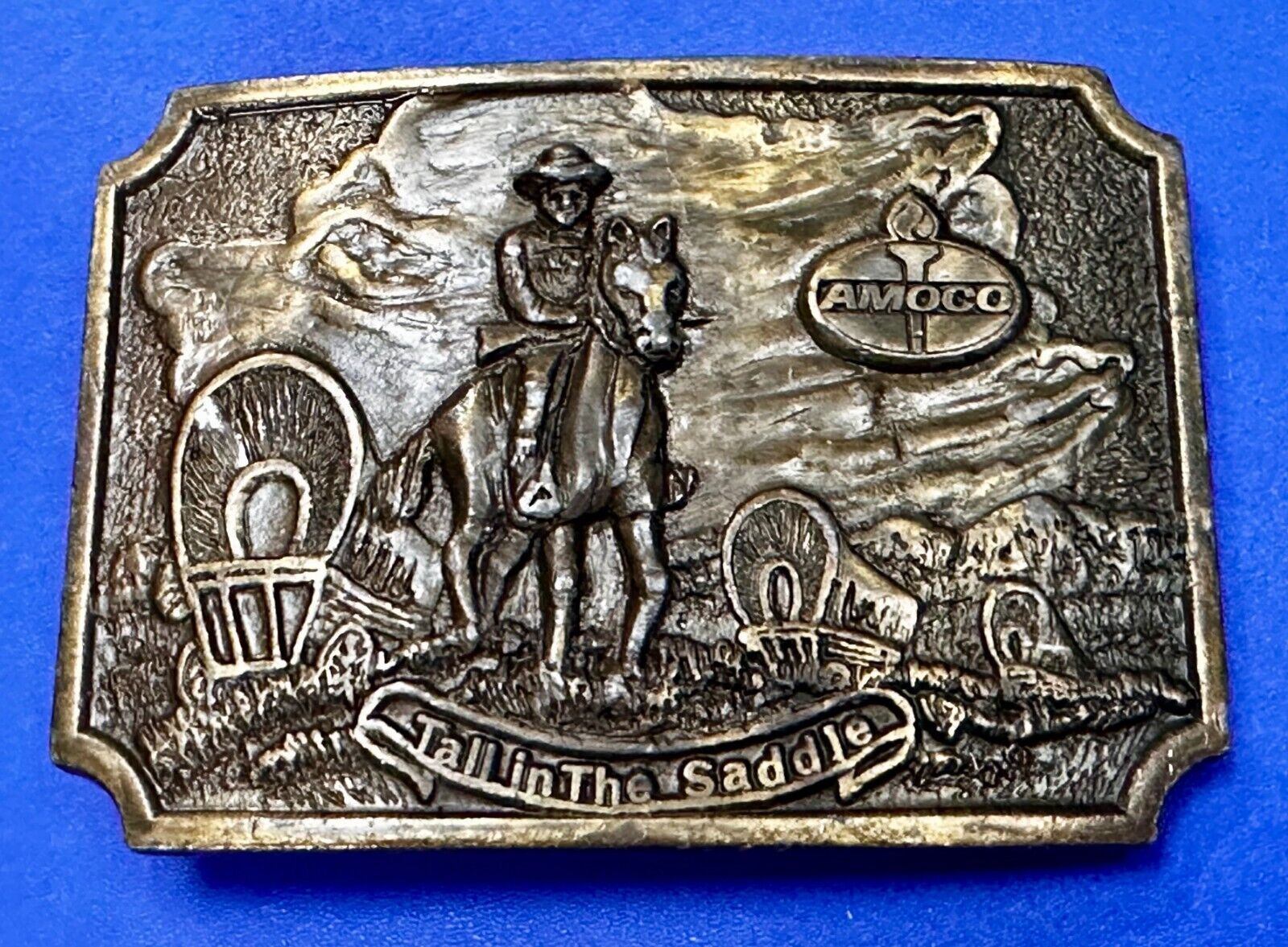 Amoco Oil Tall in the Saddle Wagon Brass Tone Western Cowboy Horse Belt Buckle