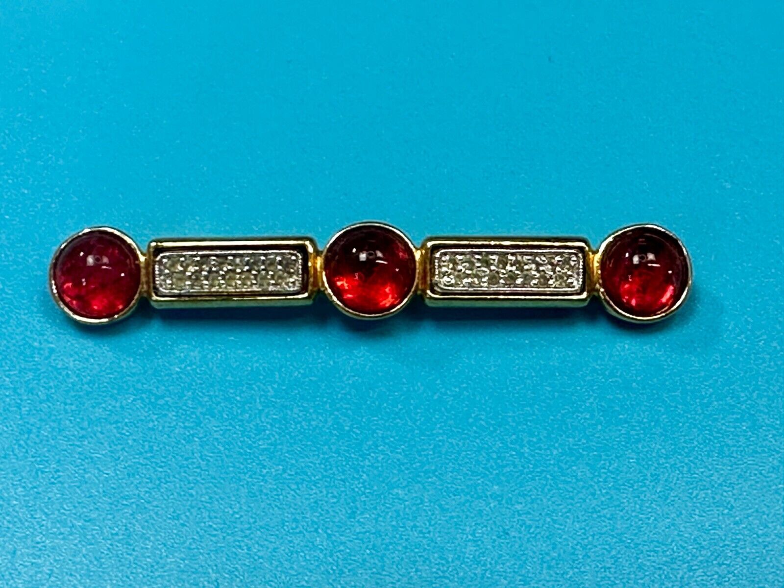 Three Red Round Glass? Vintage Gold Tone Bar Brooch Pin Signed by Ben-Amun