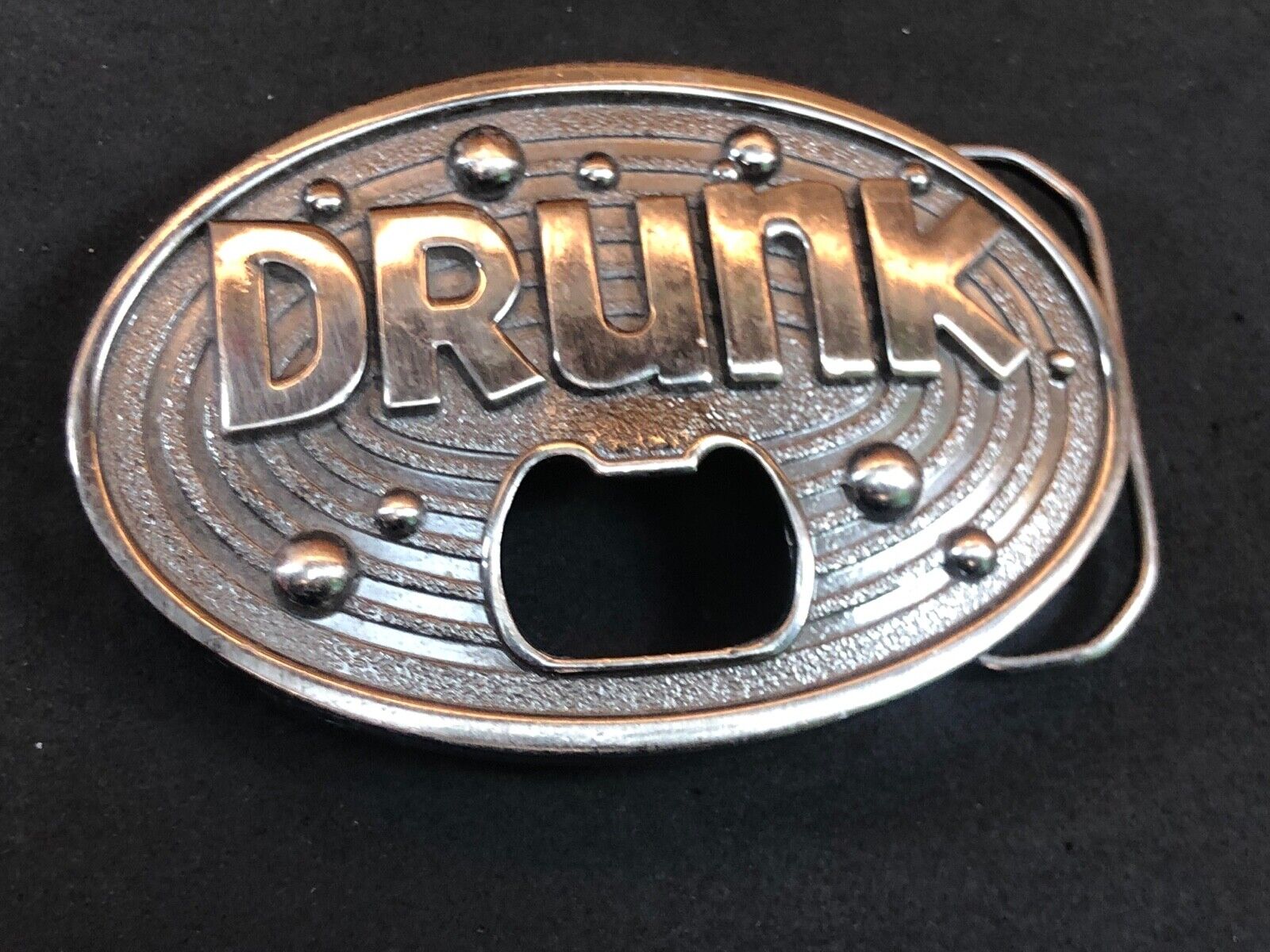 vintage large metal Bottle Opener / belt buckle - words DRUNK   Beer glass party