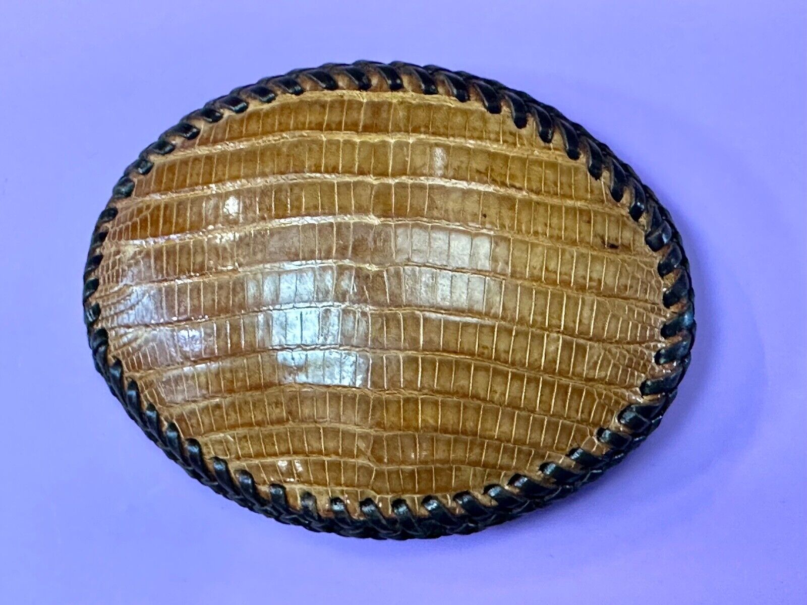 Beautiful lizard Skin brown leather vintage belt buckle with black stitching