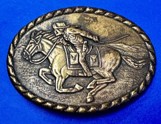 Vintage 1981 Pony Express Rider Mervyn's Commemorative Brass Tone Belt Buckle