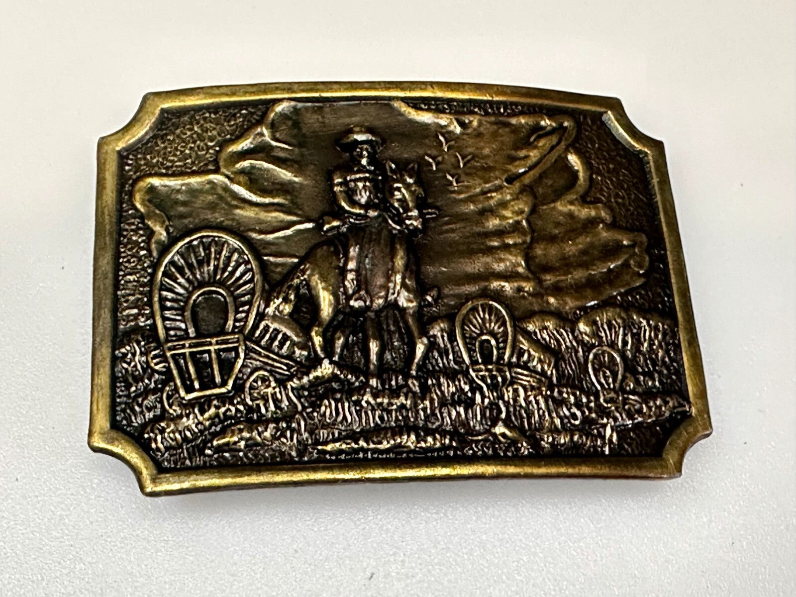 Tall In The Saddle Western Cowboy Leading Wagon Train Vintage ART Belt Buckle