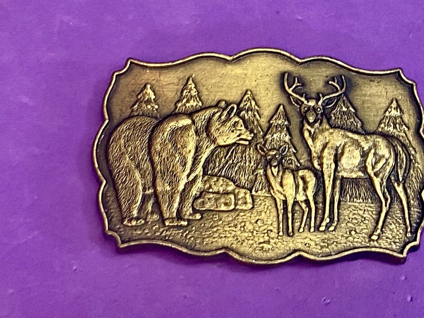 Vintage Deer & Doe With Grizzly Bear In Pine Trees Nature Scene Belt Buckle 