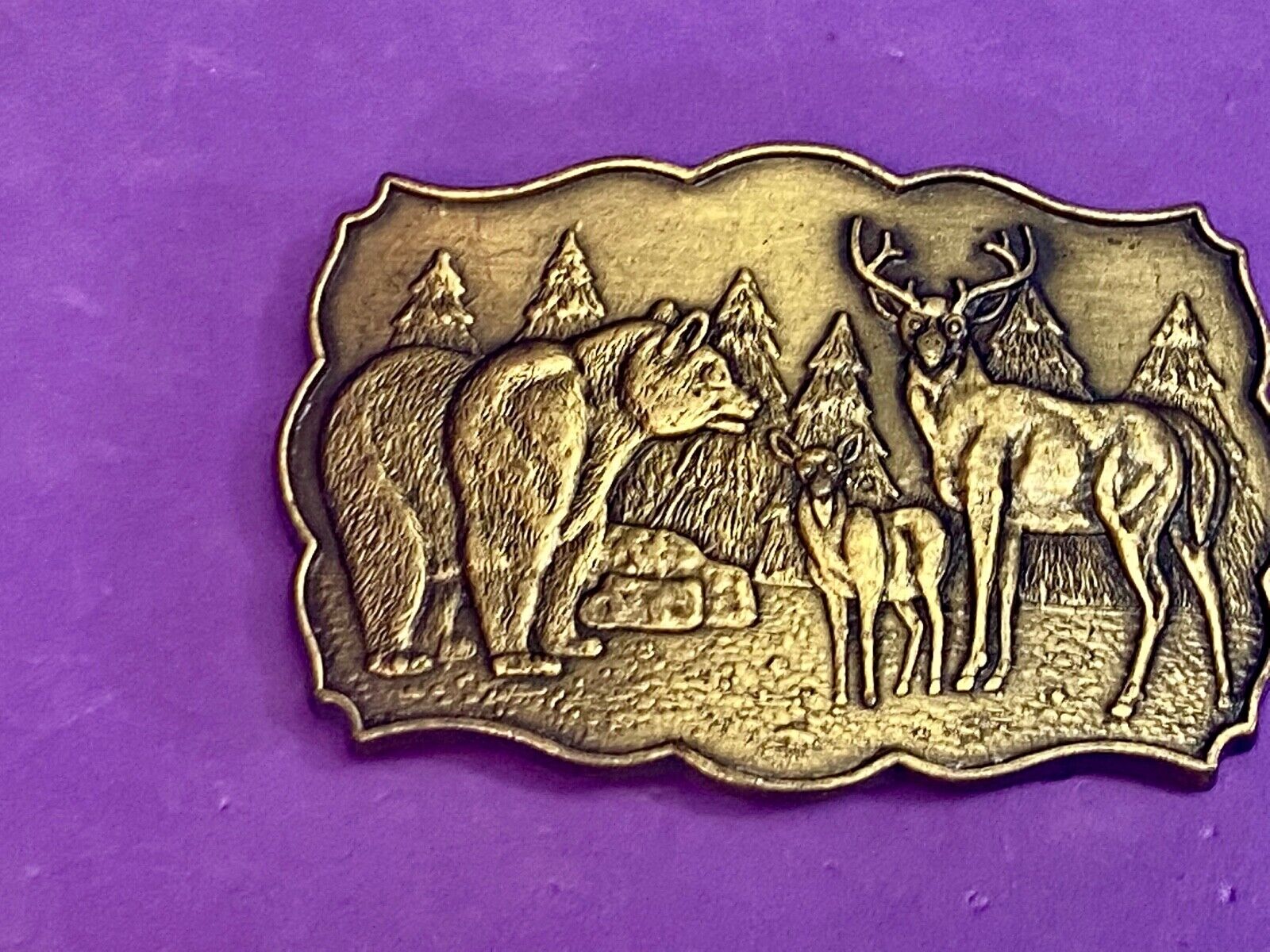 Vintage Deer & Doe With Grizzly Bear In Pine Trees Nature Scene Belt Buckle 