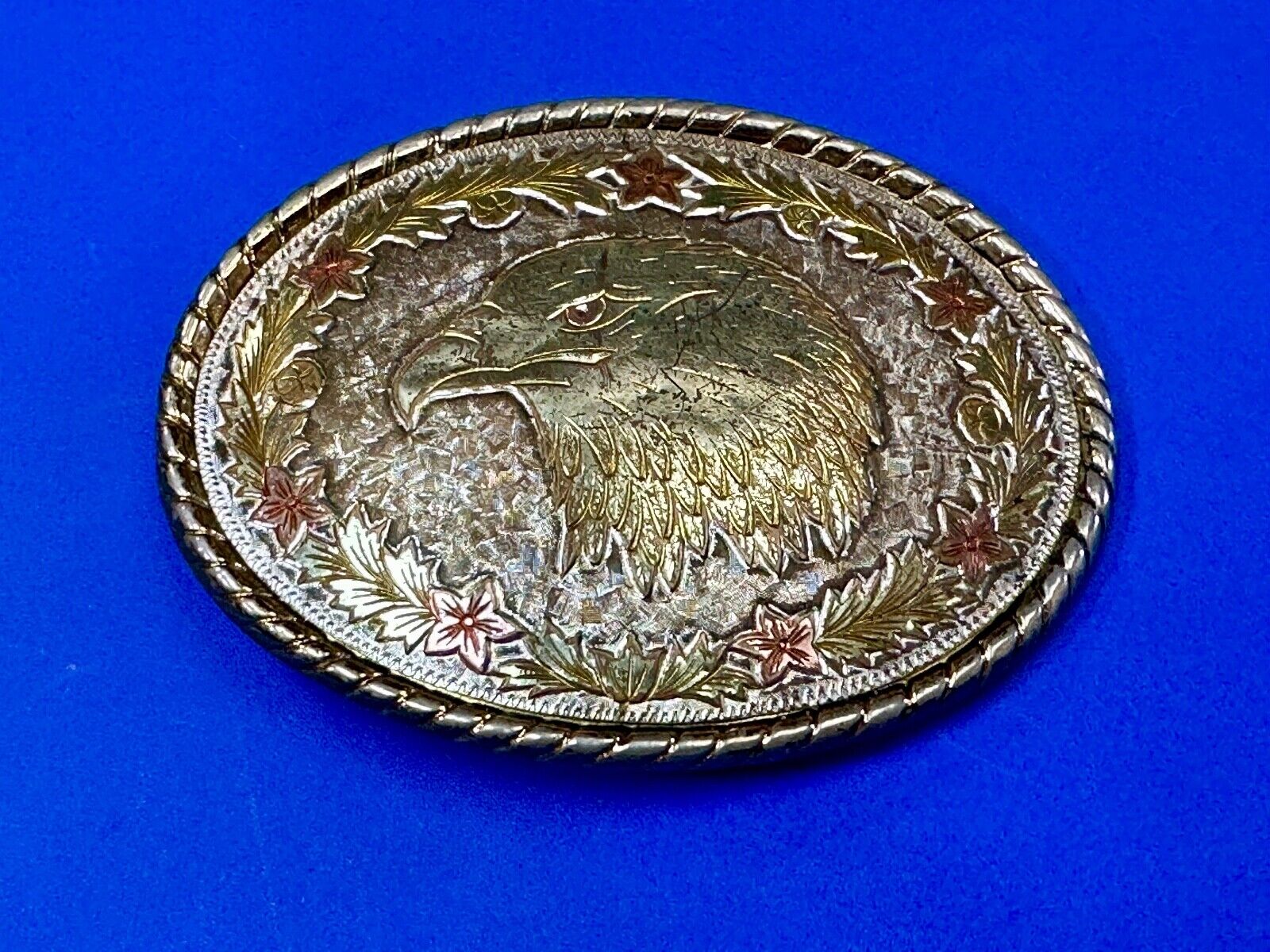 American Bald Eagle Bust profile, Mixed Color Etched belt buckle W Makers Mark