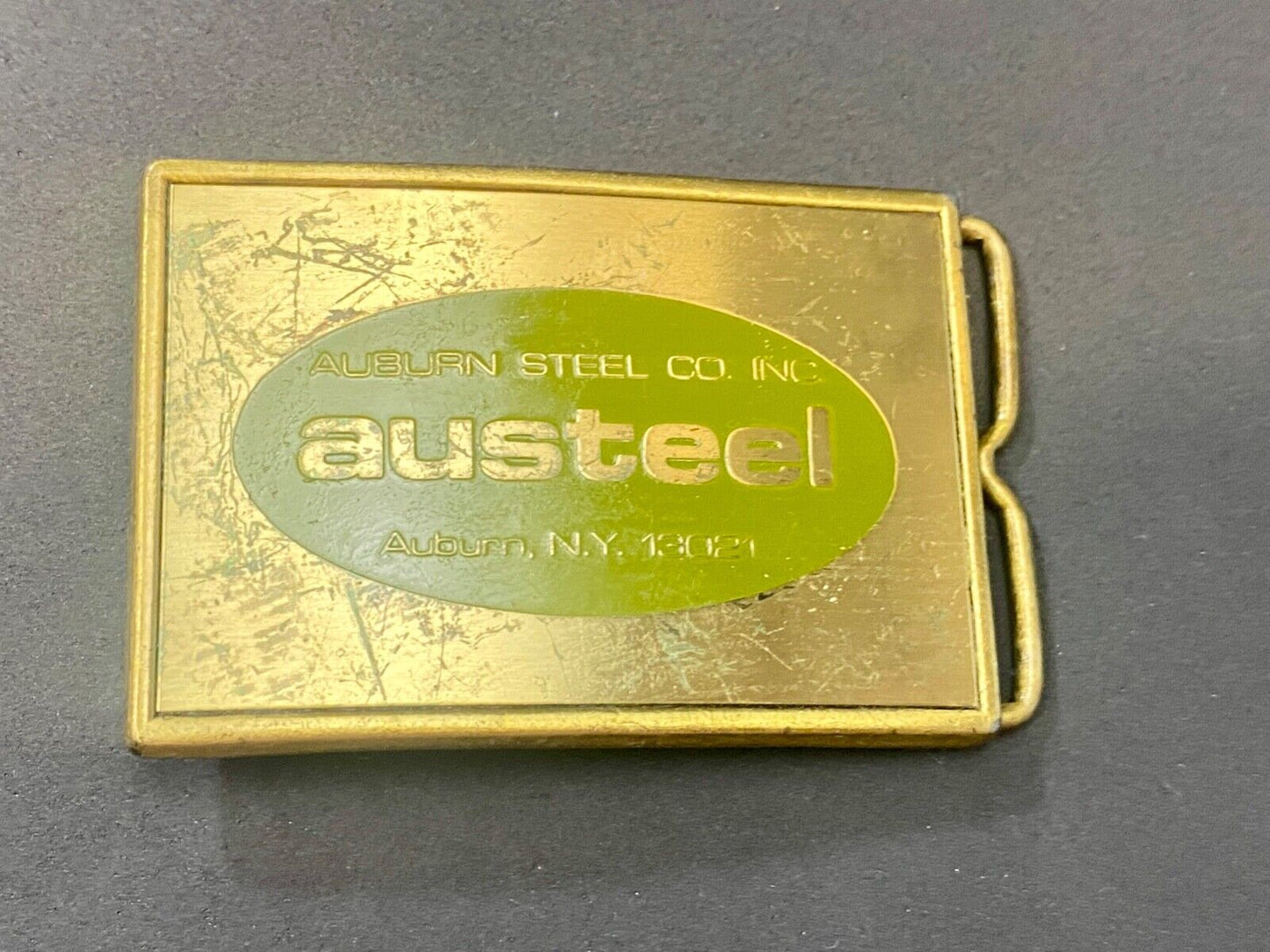 AUSTEEL Alburn Steel Company INC NY 13021 promo belt buckle by RJ