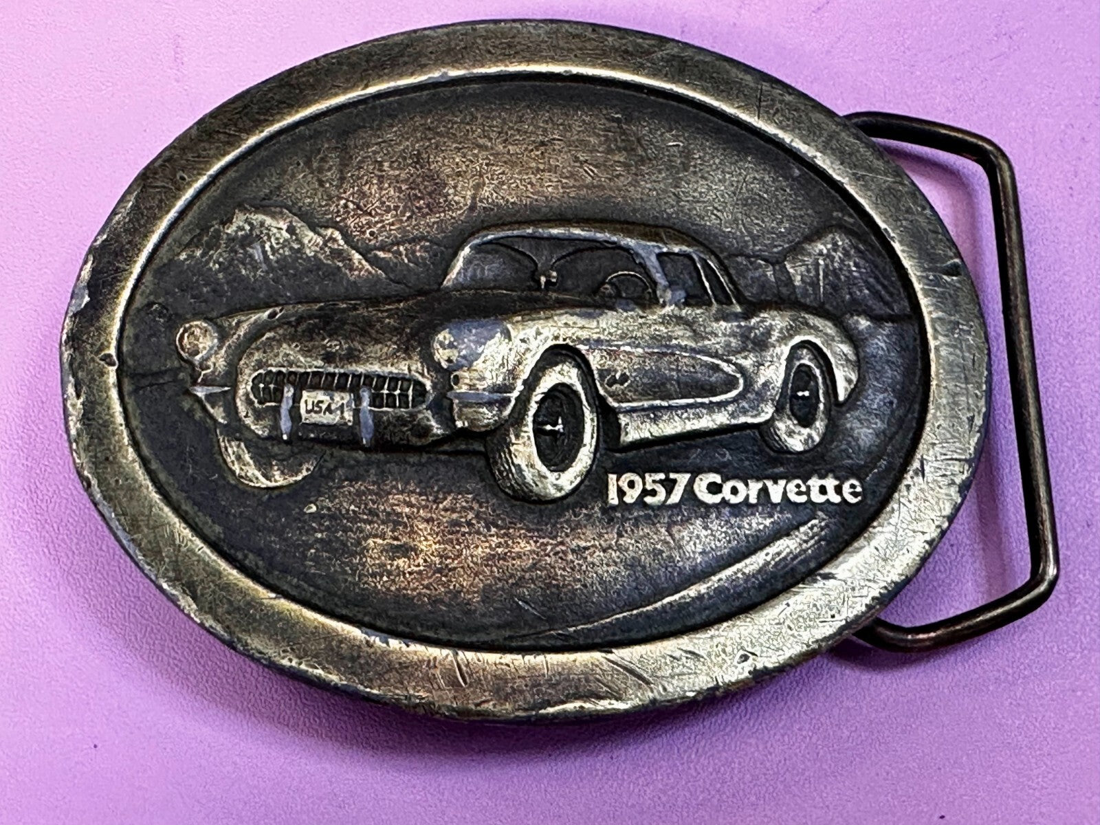 1957 Corvette Chevy Car Collector Brass Tone Indiana Metal Craft Belt Buckle