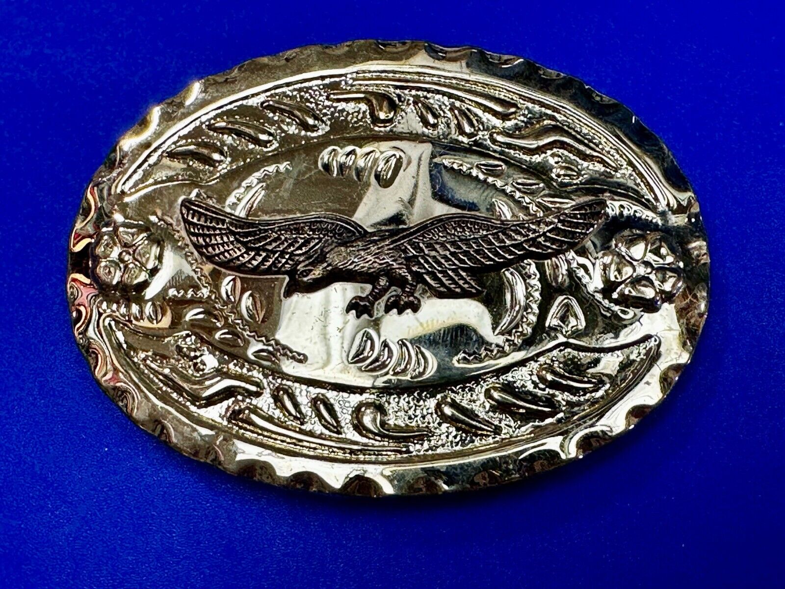 American Bald Eagle Flying Hunting Soaring Ornate Gold Color Western Belt Buckle