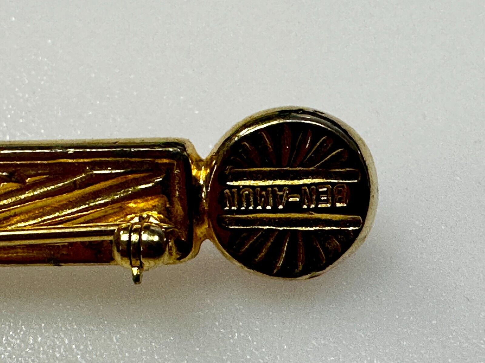 Three Red Round Glass? Vintage Gold Tone Bar Brooch Pin Signed by Ben-Amun