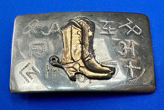 Vintage Cowboy Boots - Western two tone Chambers belt buckle with cattle brands