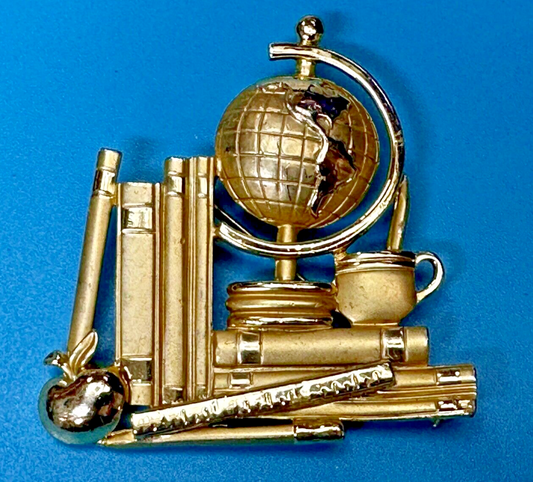 Teacher Gift!  Globe Books Apple Ruler Gold Tone Brooch Pin Vintage by AJC