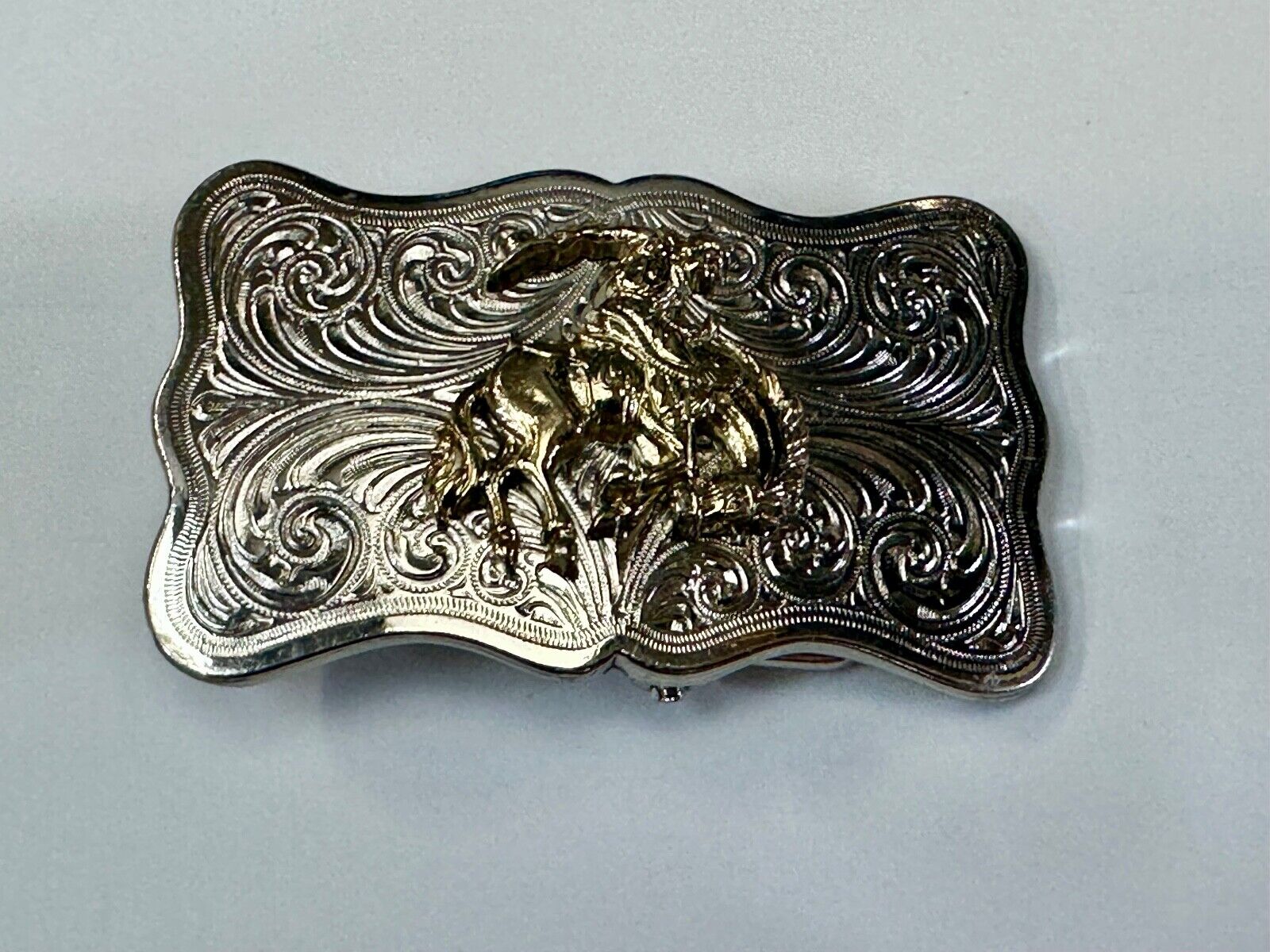 Vintage Cowboy Saddle Bronc western two tone ornate flower swirl belt buckle