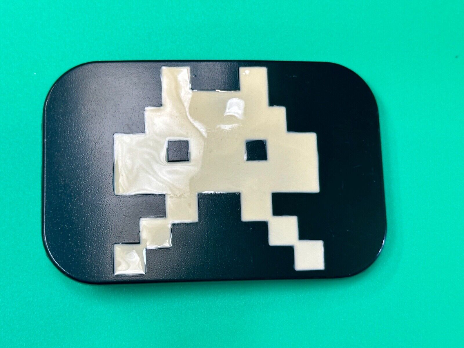 Video Game Arcade Icon Character Black & White Pixilated Shape Belt Buckle