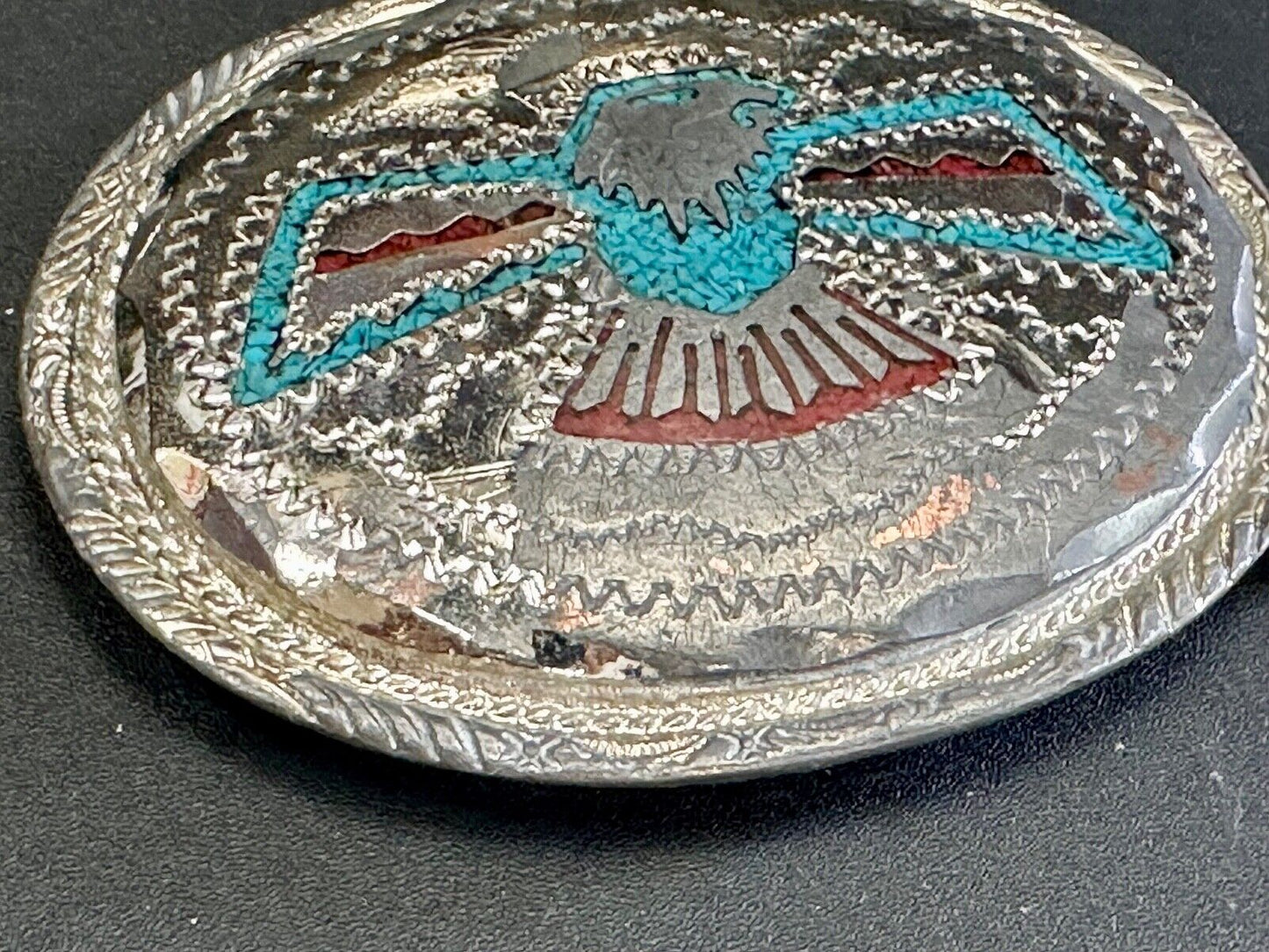 THUNDERBIRD Inlaid turquoise & Coral belt buckle - see hallmark ---   to restore