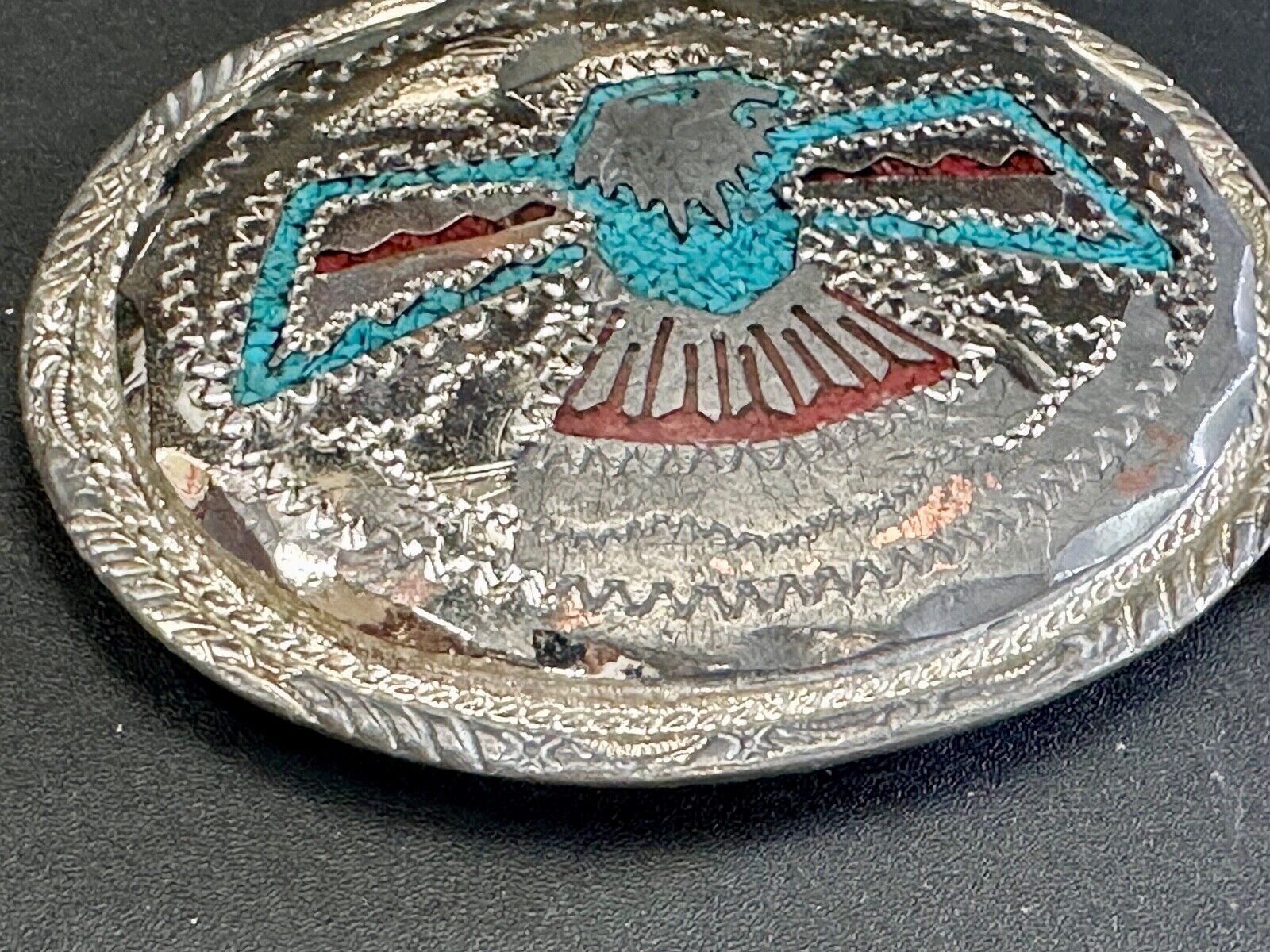 THUNDERBIRD Inlaid turquoise & Coral belt buckle - see hallmark ---   to restore