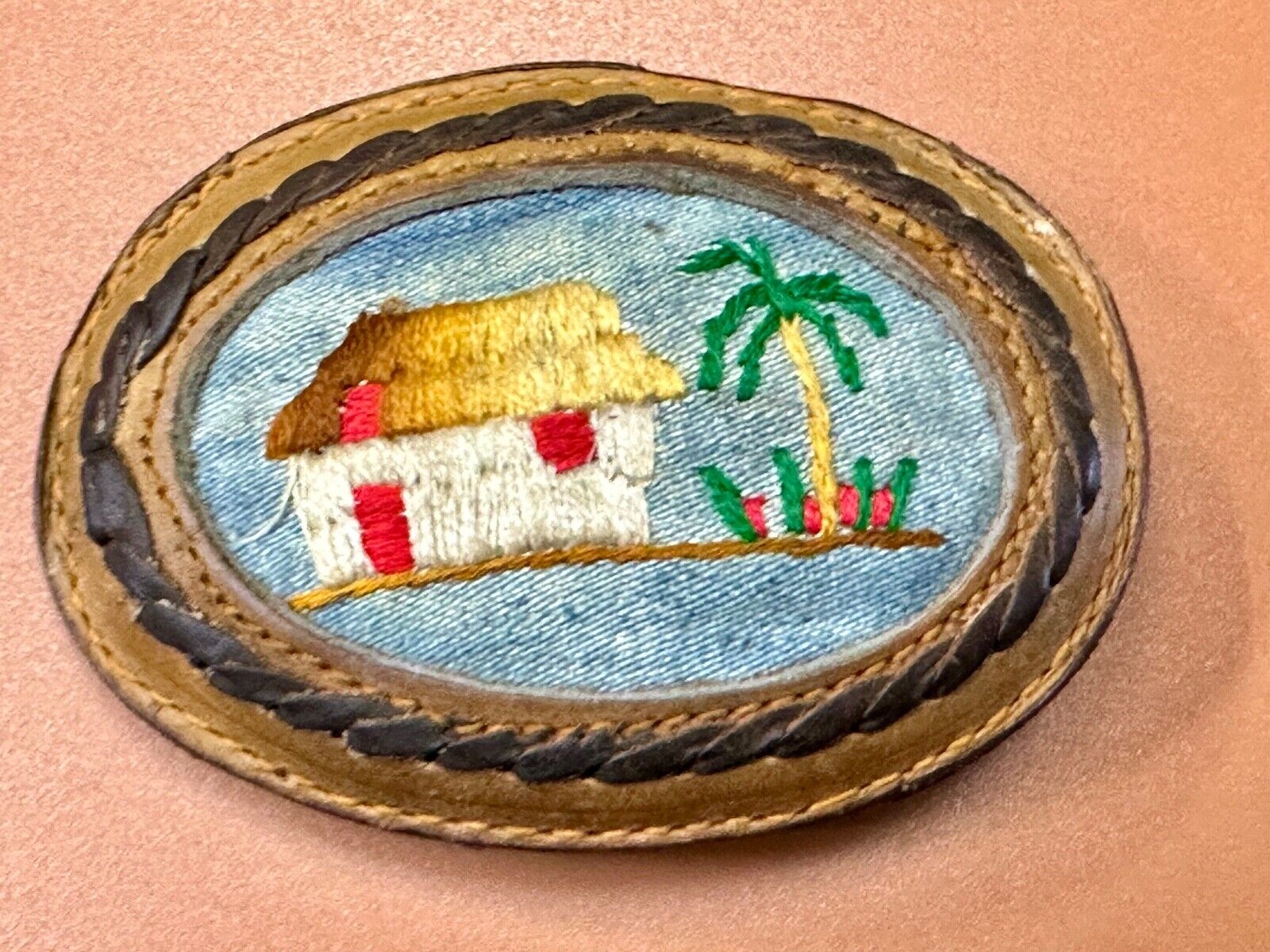 tropical vacation beach scene - QUALITY mixed leather oval belt buckle