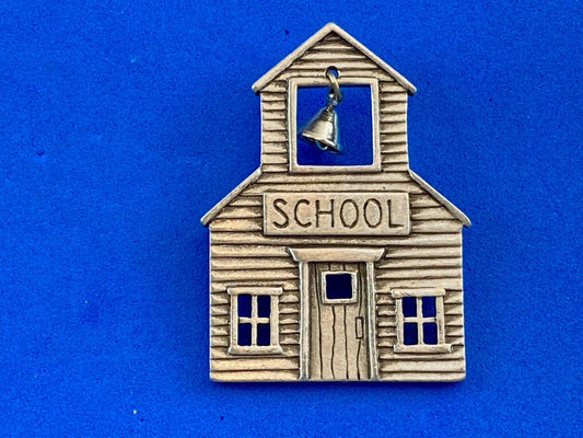 Vintage Jj Jonette Adorable Pewter School House With Moving Bell Brooch Pin