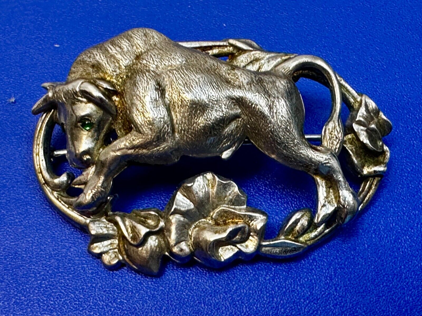 Taurus Bull 2" Wide Green Eyes -9 25 Sterling Silver Vintage Brooch by Otis