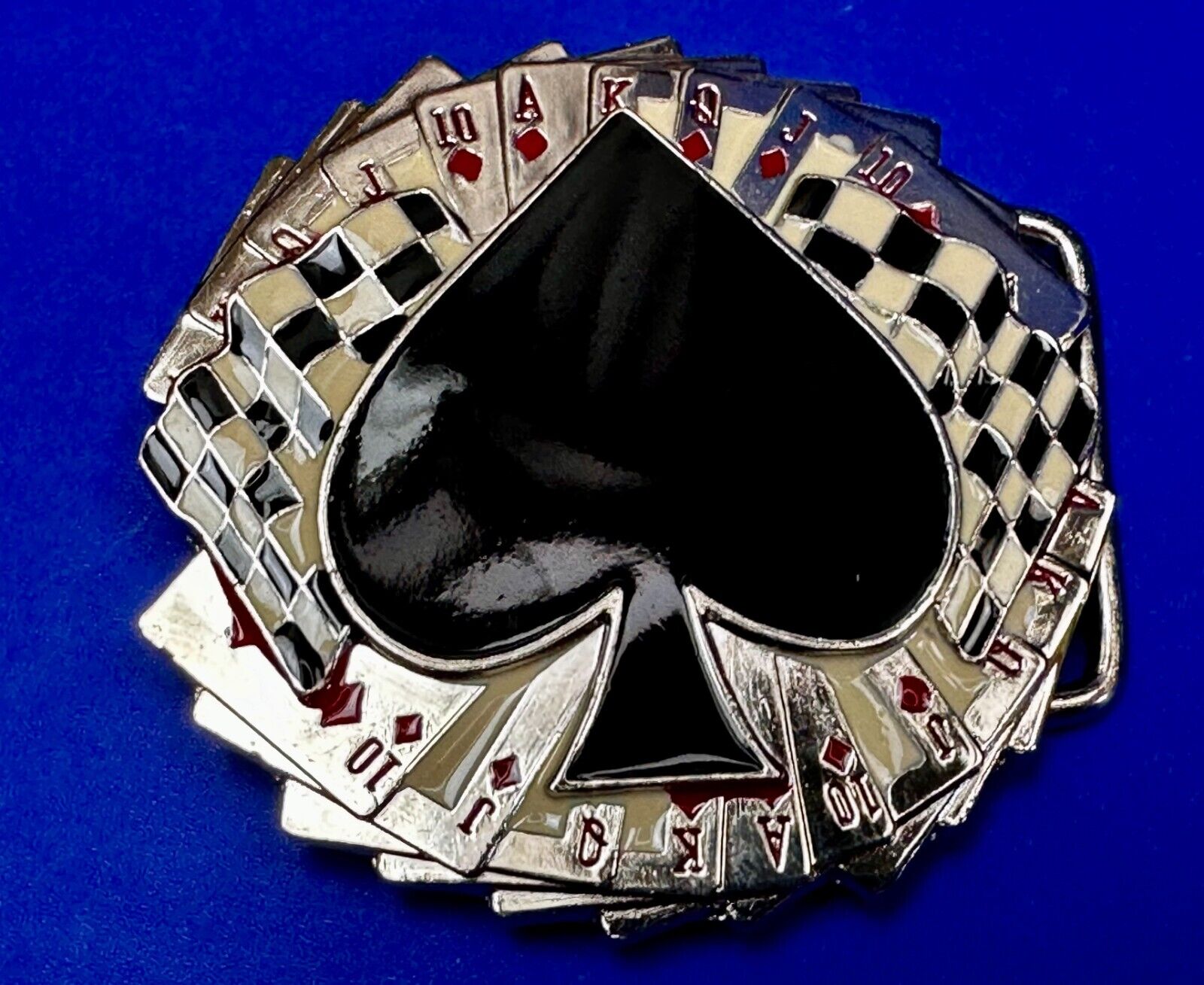 Ace of Spades Cards Royal Flush Poker Checkered Flag Gambling Casino Belt Buckle