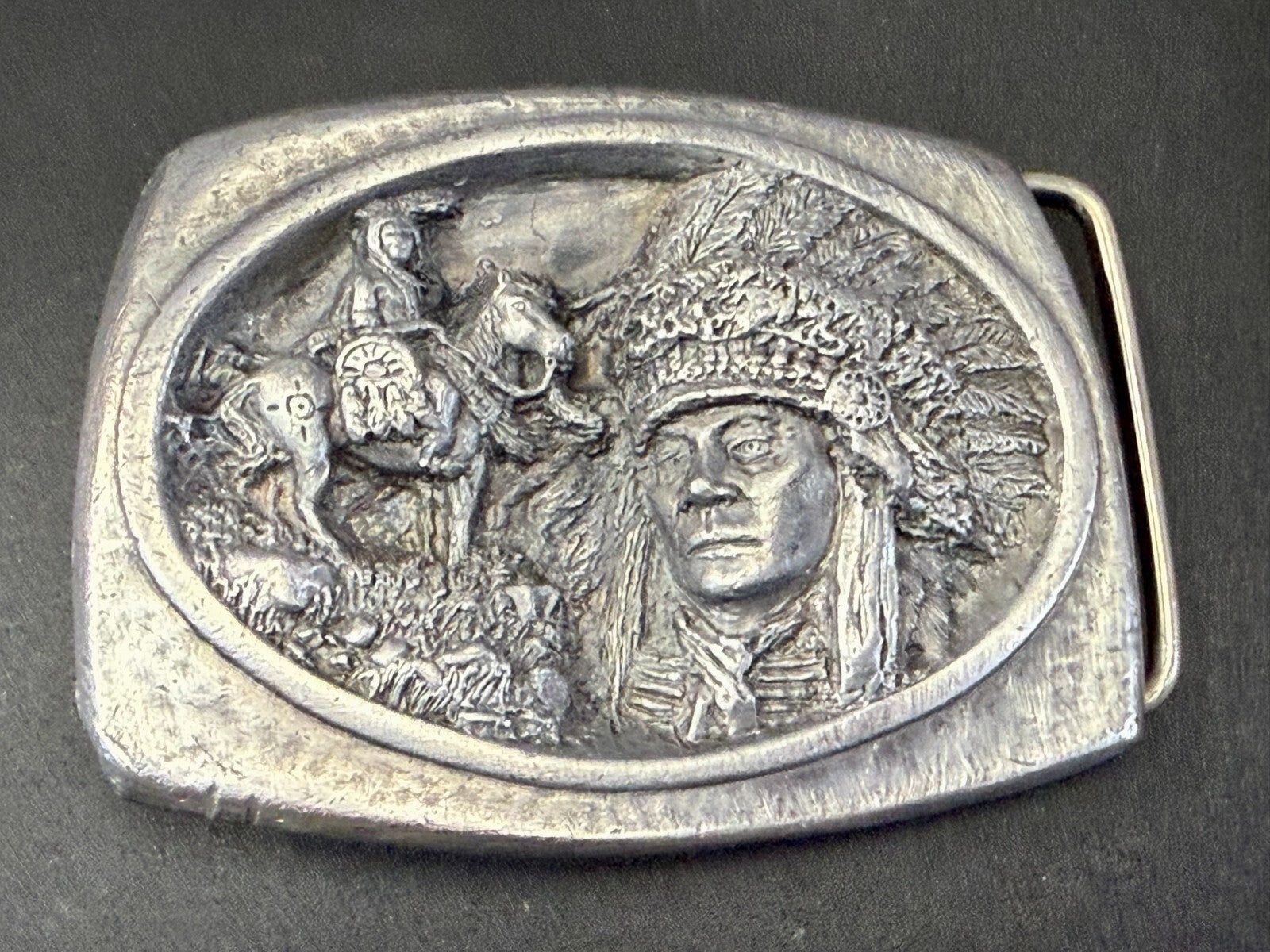 American Indian Chief Head with Headdress Silver Tone VTG 1988 C+J Belt Buckle