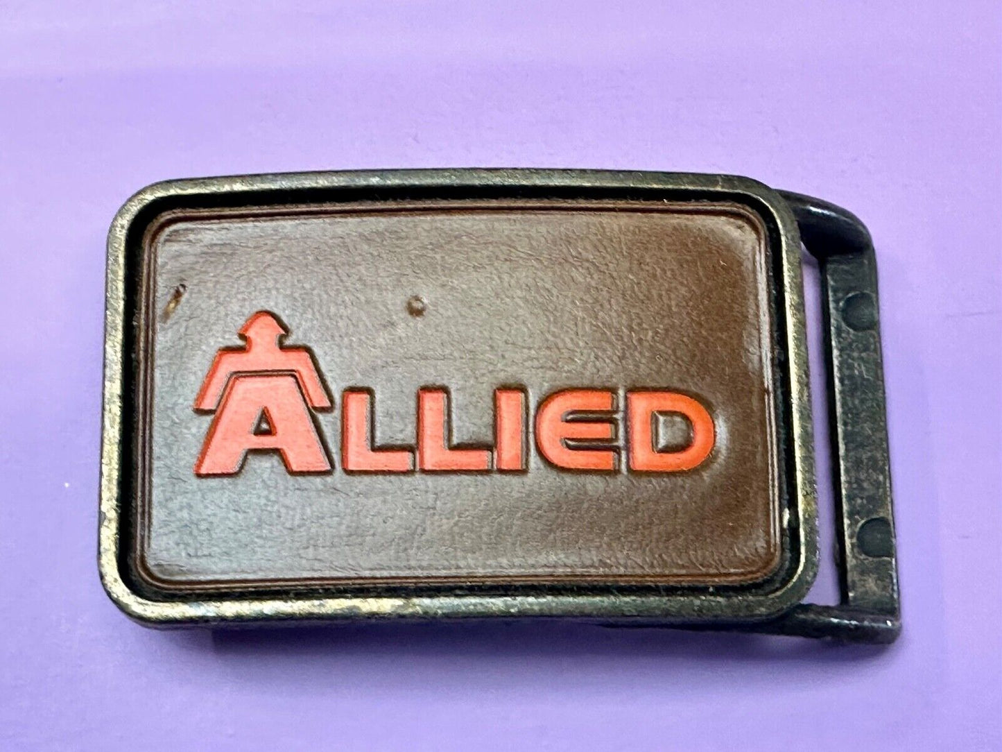 70's Allied Trucking Transportation Vintage leather Belt Buckle orange lettering